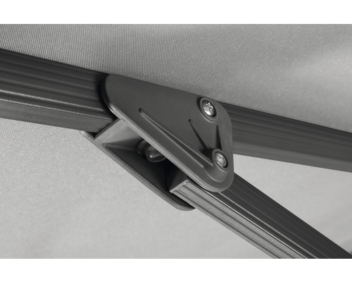 Detailopname van een parasol met baleinen en schroeven.