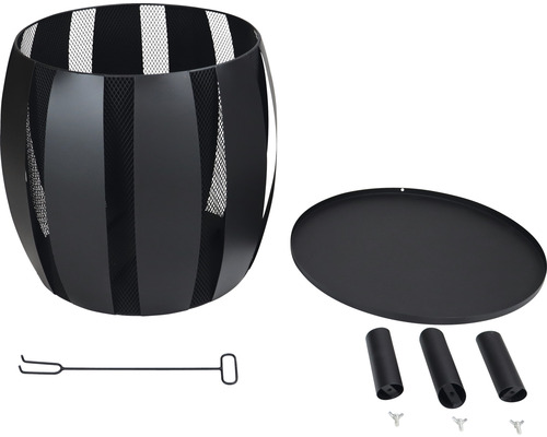 Metalen vuurkorf met accessoires zoals pook, bodemplaat en poten