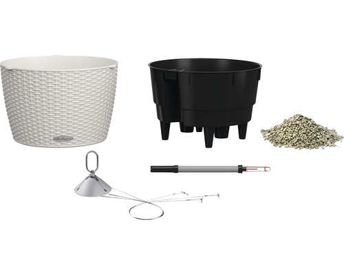 Plantpot, planteninzetstuk, kleikorrels, niveau-indicator en irrigatiesysteem