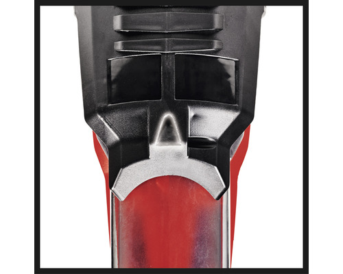 Detailweergave van een gereedschap met een zwarte kunststof behuizing en een rode handgreep