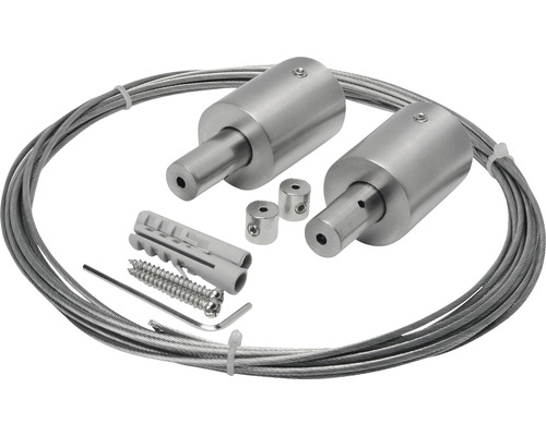 Afbeelding van een kabelophangset met pluggen, schroeven, een inbussleutel en twee cilindrische bevestigingen.