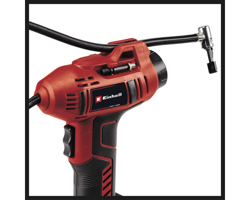 Einhell draadloze compressor met drukslang en Einhell logo