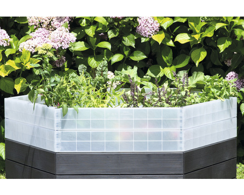 Verhoogde tuinbak met verschillende planten in de tuin