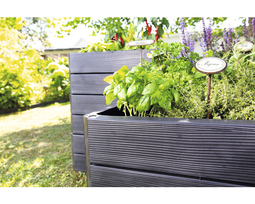 Houten plantenbakken met kruiden in de tuin.