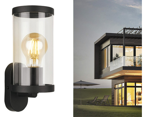 Moderne buitenwandlamp met heldere glazen cilinder en gloeilamp