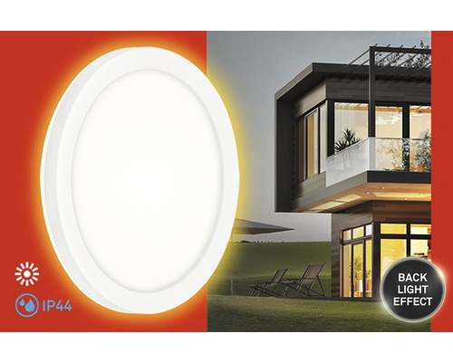 Ronde led buitenlamp met achtergrondverlichting op een huis