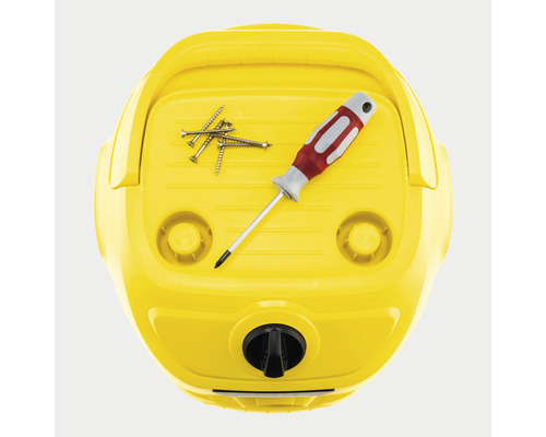 Gele stofzuiger met schroevendraaier en schroeven