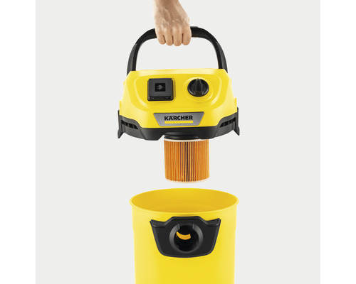 Kärcher Logo. Gedemonteerde Kärcher nat- en droogzuiger met filter.