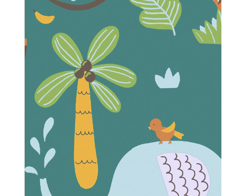 Behang met jungle motieven, waaronder palmbomen en een vogel