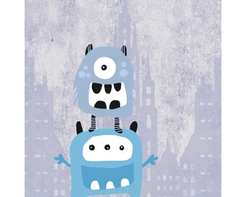 Illustratie van twee cartoonmonsters tegen een achtergrond van een stadsgezicht.