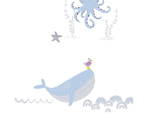 Illustratie met octopus, walvis, zeester en zeemeeuw voor wanddecoratie