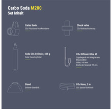 Carbo Soda M200 set inhoud: CO2 precisie drukregelaar, CO2 terugslagklep, Soda CO2 cilinder 425 g, CO2 diffusor Ultra M, standaard en CO2 speciale slang 2 m lang.