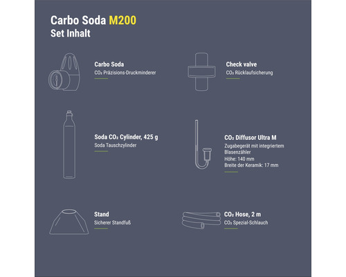 Carbo Soda M200 set inhoud: CO2 precisie drukregelaar, CO2 terugslagklep, Soda CO2 cilinder 425 g, CO2 diffusor Ultra M, standaard en CO2 speciale slang 2 m lang.