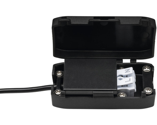 Open zwarte kabelaansluitdoos met schroefverbindingen