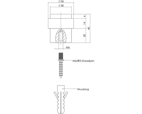 Technische tekening van een bevestigingsset met plug, schroef en maatvoering
