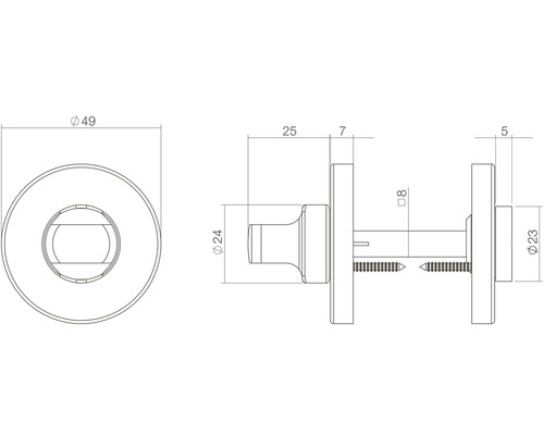 Technische tekening van een deurknop met afmetingen