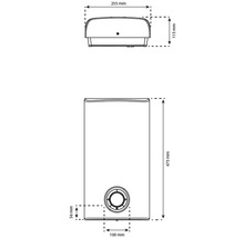 Maattekening van een boiler met de afmetingen 255 mm breedte, 115 mm hoogte, 475 mm lengte, evenals detailafmetingen van de wateraansluiting.