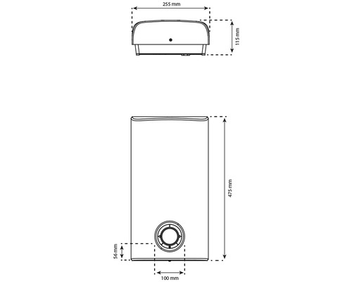 Maattekening van een boiler met de afmetingen 255 mm breedte, 115 mm hoogte, 475 mm lengte, evenals detailafmetingen van de wateraansluiting.