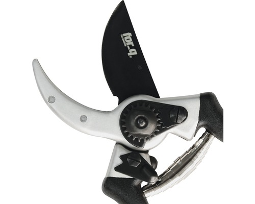 Tuinschaar met zwart lemmet en zilveren kopstuk.