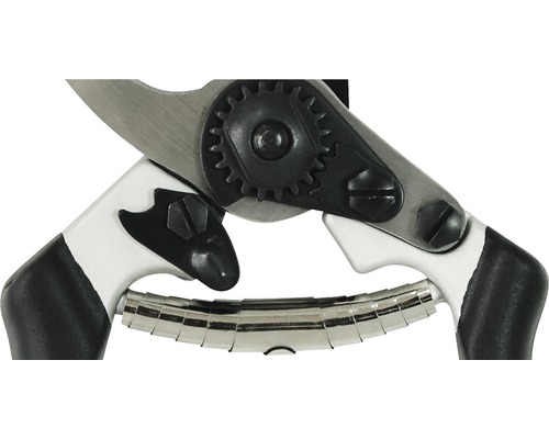 Close-up van een snoeischaar met stalen messen, een tandwiel en een handvat