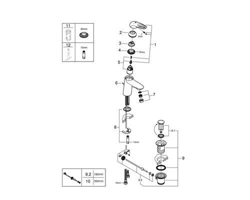 Explosietekening van een kraan met afzonderlijke onderdelen en maatgegevens.