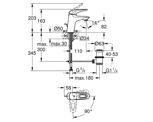 Technische tekening van een kraan met afmetingen