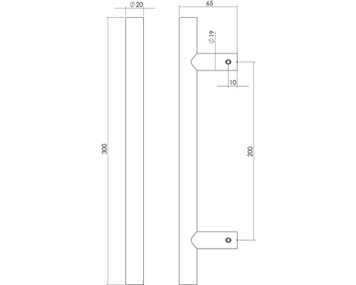 Technische tekening van een deurgreep met maatvoering