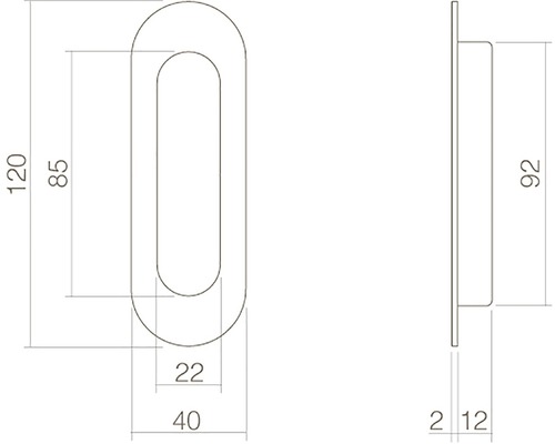 Technische tekening van een komgreepmodel met afmetingen