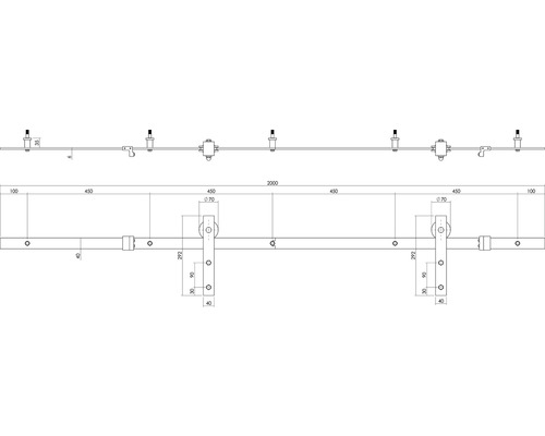 Technische tekening van een schuifdeursysteem met afmetingen