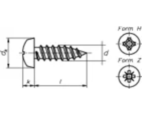 Technische tekening van een schroef met afmetingen en kopvormen