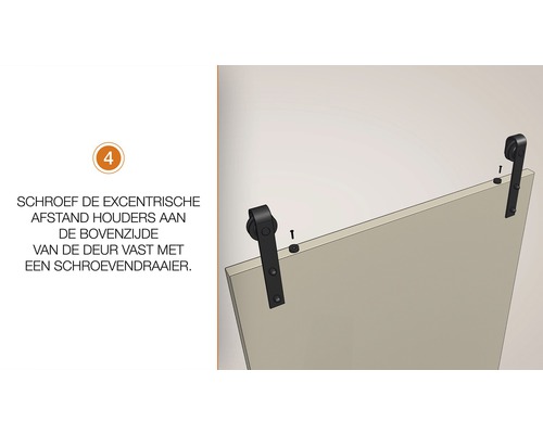 Afbeelding van een montagehandleiding voor een schuifdeursysteem waarbij de excentrische afstandhouders aan de bovenzijde van de deur worden vastgeschroefd.