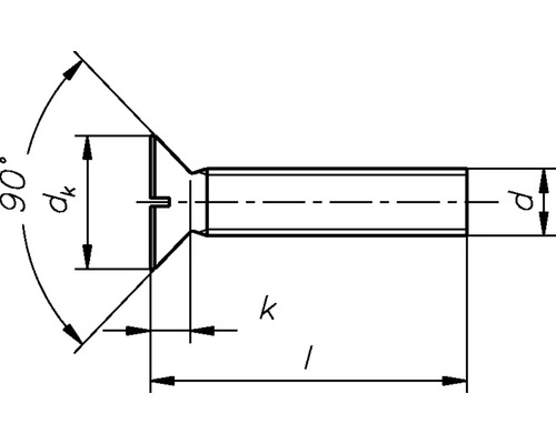 Technische tekening van een verzonken schroef met afmetingen