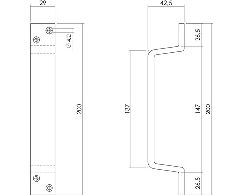 Technische tekening van een stanggreep met afmetingen