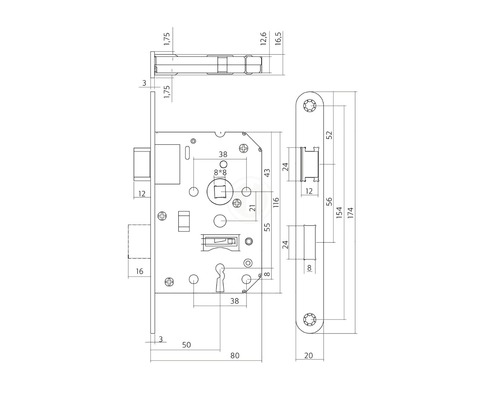 Technische tekening van een insteekslot met maatvoering