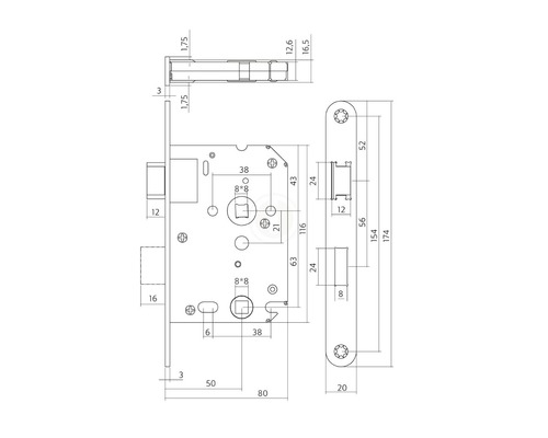 Technische tekening van een insteekslot met afmetingen