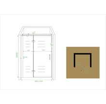 Technische tekening van een douchecabine met afmetingen