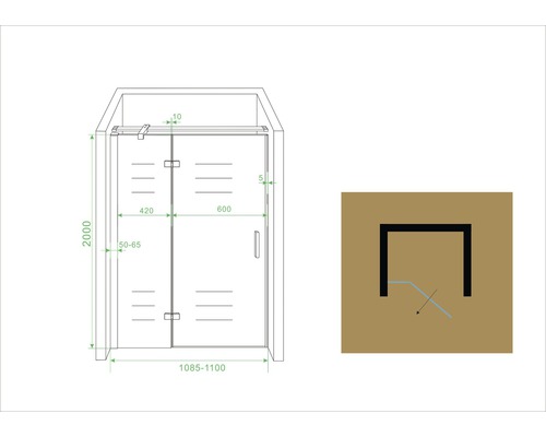Technische tekening van een douchecabine met afmetingen