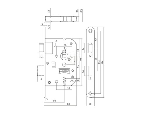 Technische tekening van een insteekslot met afmetingen