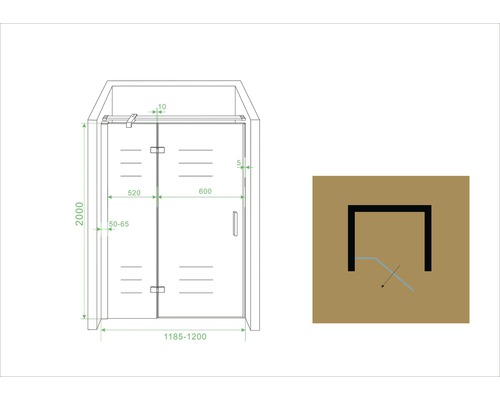 Technische tekening van een douchecabine met afmetingen