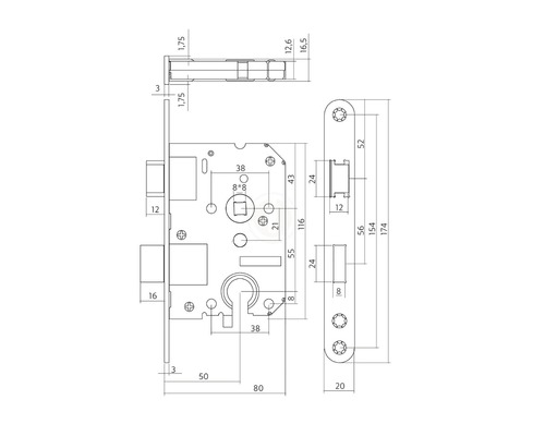 Technische tekening van een insteekslot met maatvoering
