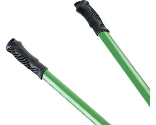 Twee groene stelen met zwarte handvatten.