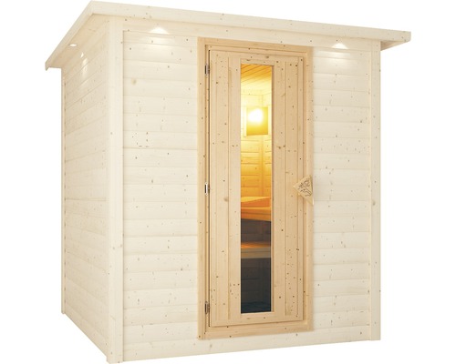 Houten buitensauna met glazen deur
