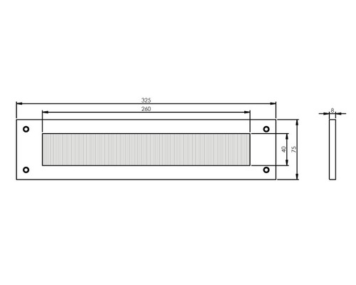 Technische tekening van een brievenbusklep met afmetingen