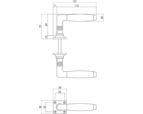 Technische tekening van een deurklink met afmetingen