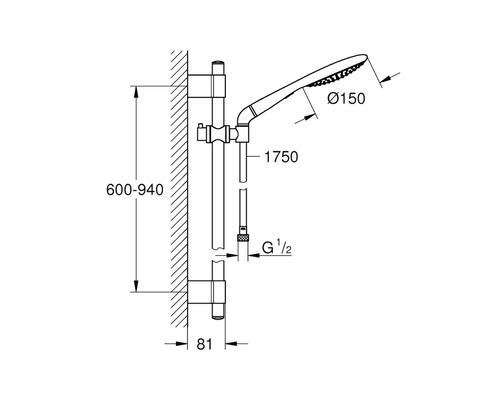 Technische tekening van een douchestang met maatvoering