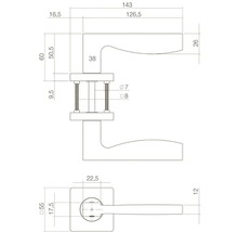 Technische tekening van een deurklink met afmetingen