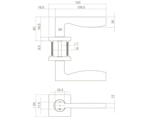 Technische tekening van een deurklink met afmetingen