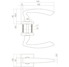 Technische tekening van een deurklink met afmetingen