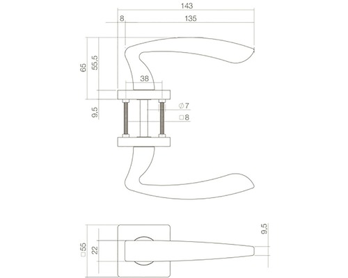 Technische tekening van een deurklink met afmetingen
