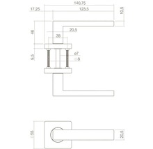 Technische tekening van een deurklink met afmetingen